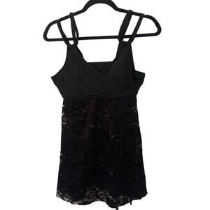 Black Lace Mini Dress XL V-Neck Double Strap Open Back Chic Women's